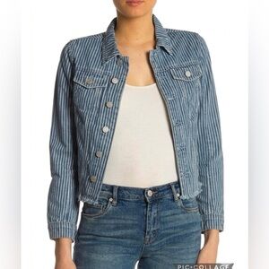 BlankNYC Denim Jacket Striped Cropped Raw Hem Light Wash Fitted Chic XS